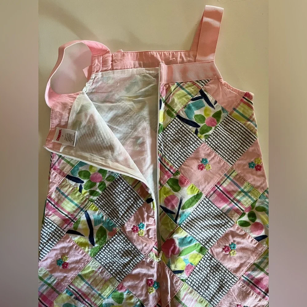 Gymboree patchwork sleeveless sundress w/ pink ribbon shoulder straps girls 7